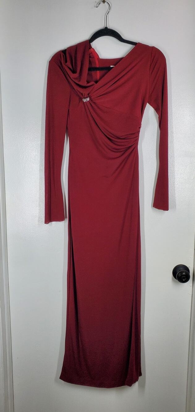 CHATS by C.DAM Burgundy SIDELESS Cowl Neckline Long Sleeve Maxi Dress, Size 4